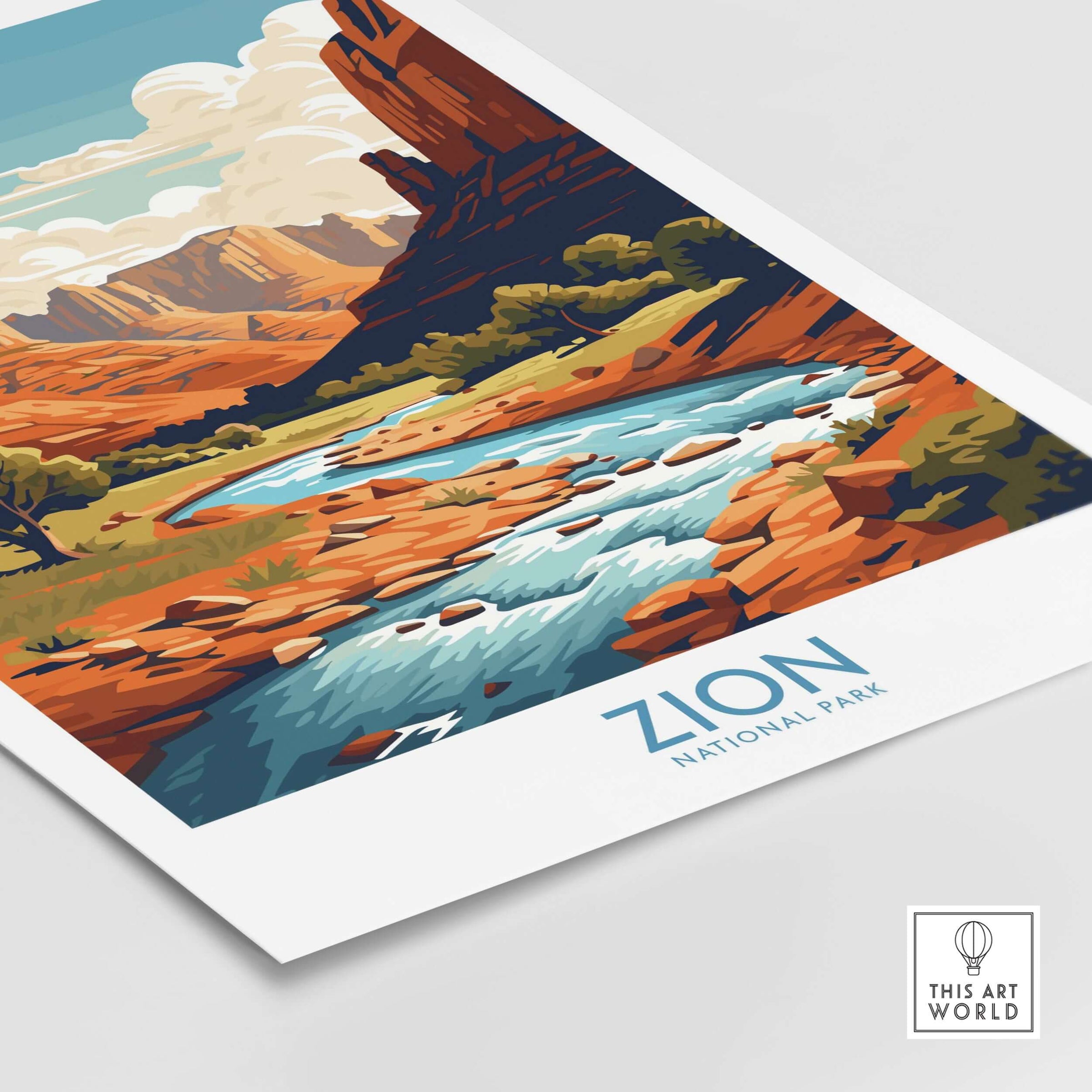 Zion National Park Art Print | Desert Landscape Poster showcasing vibrant red rock formations and river.