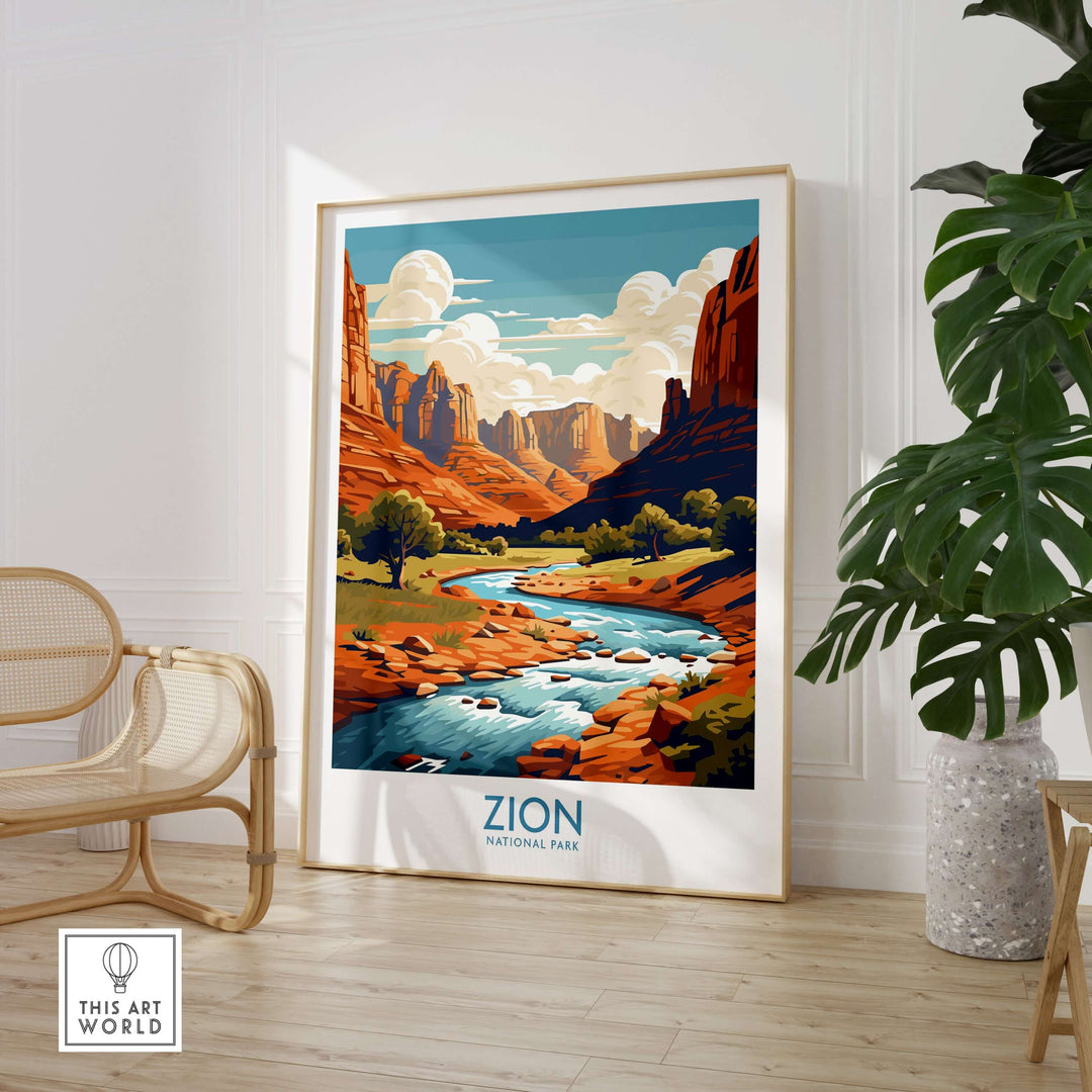 Zion National Park Art Print | Desert Landscape Poster featuring vibrant red rocks and a river in a modern setting.