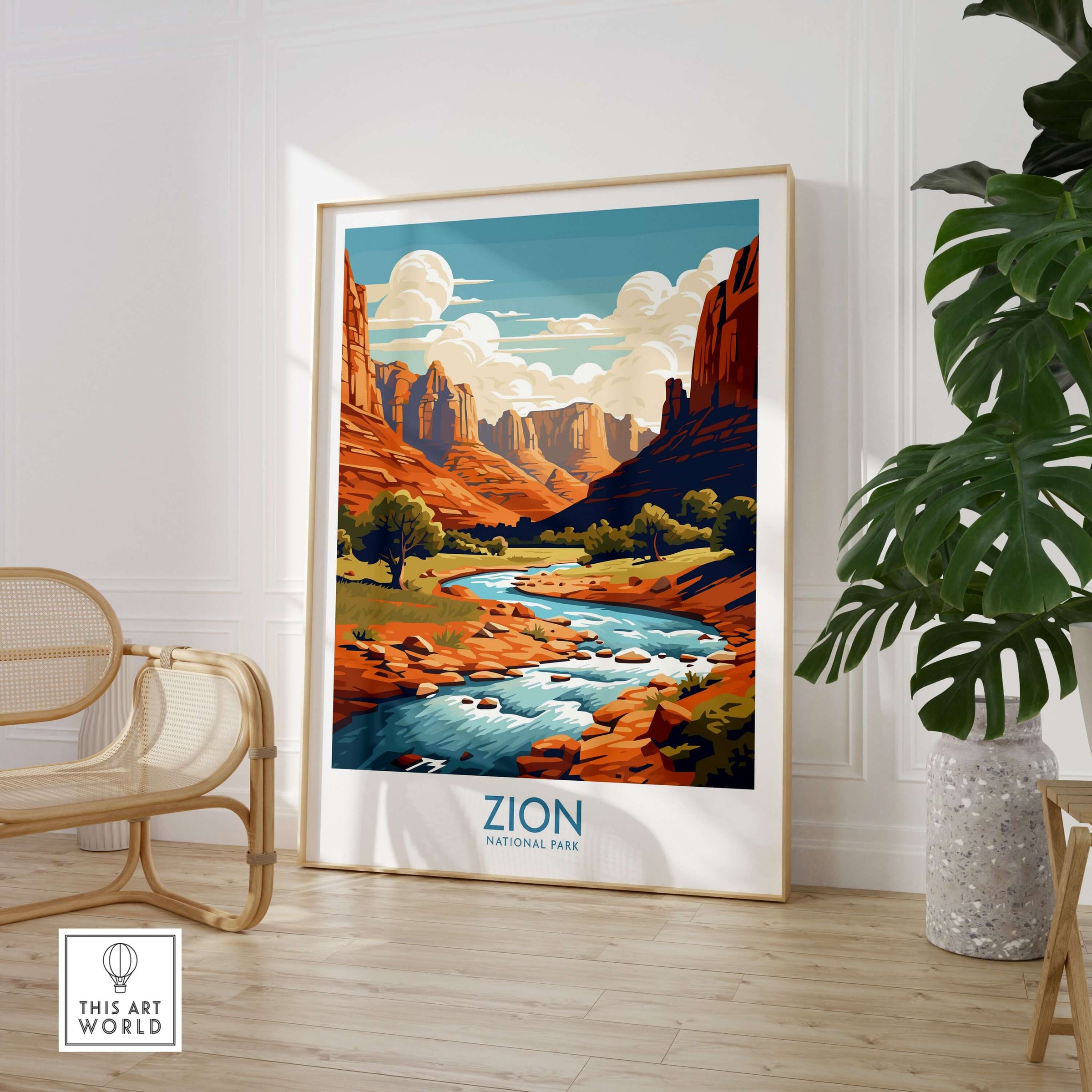 Zion National Park Art Print | Desert Landscape Poster featuring vibrant red rock formations and river scene.