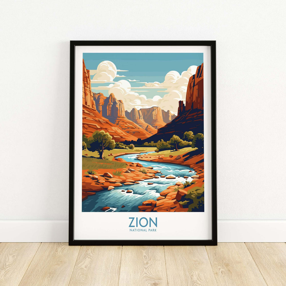 Zion National Park Art Print | Desert Landscape Poster showcasing vibrant red rock formations and river.