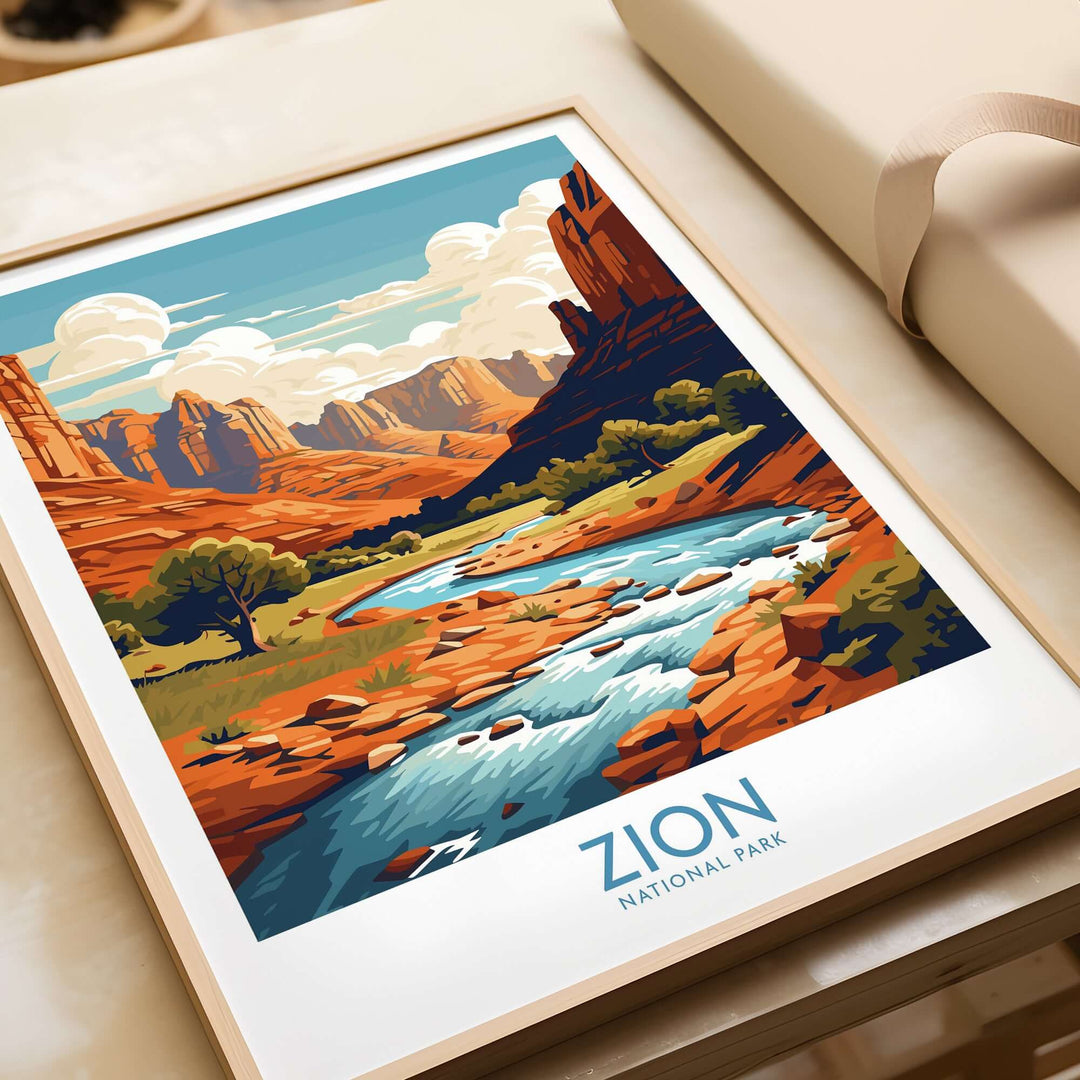 Zion National Park Art Print | Desert Landscape Poster featuring vibrant red rock formations and a flowing river.