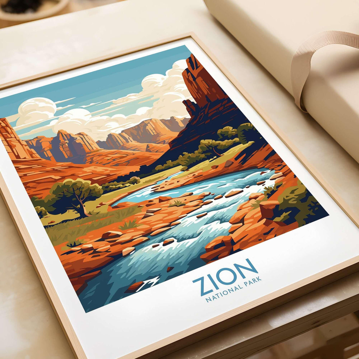 Zion National Park Art Print | Desert Landscape Poster showcasing vibrant red rocks and serene river
