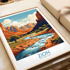 Zion National Park Art Print | Desert Landscape Poster showcasing vibrant red rocks and serene river