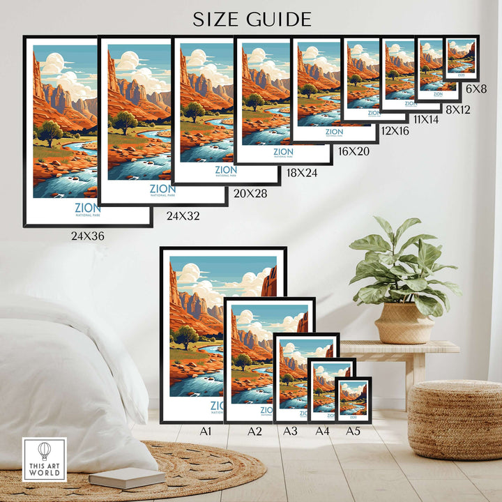 Zion National Park Art Print | Desert Landscape Poster size guide showcasing various frame sizes for wall display.