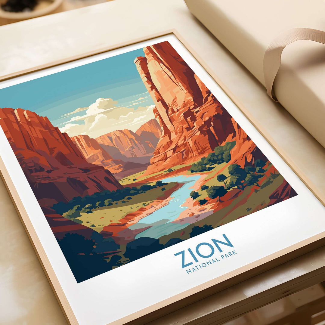 Zion National Park Canyon River Art Print | Utah Travel Poster showcasing vibrant scenery and dramatic landscapes.