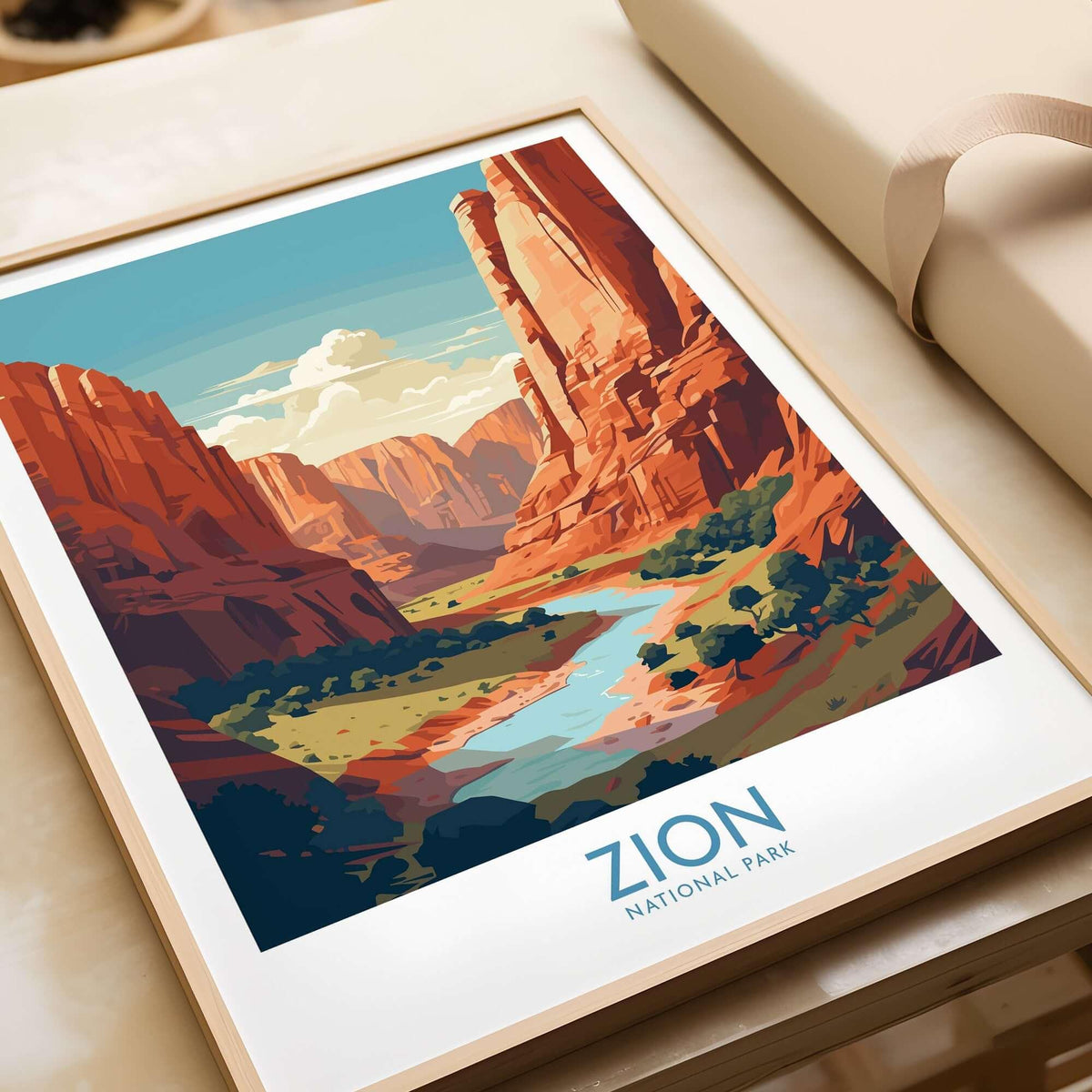 Zion National Park Canyon River Art Print | Utah Travel Poster featuring vibrant canyon and river landscape.