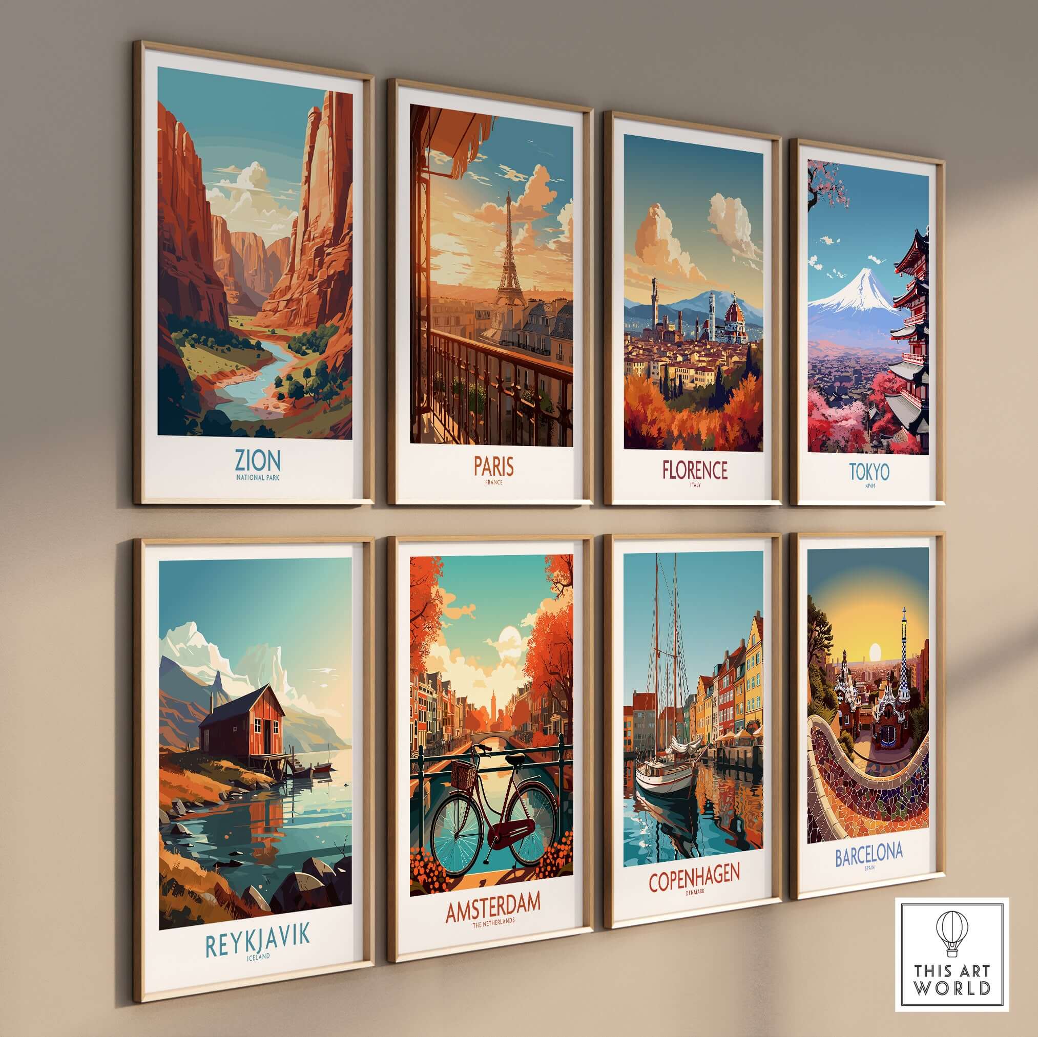 Zion National Park Canyon River Art Print | Utah Travel Poster displayed among other vibrant travel posters.