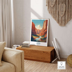 Zion National Park Canyon River Art Print | Utah Travel Poster displayed in a modern living room setting.