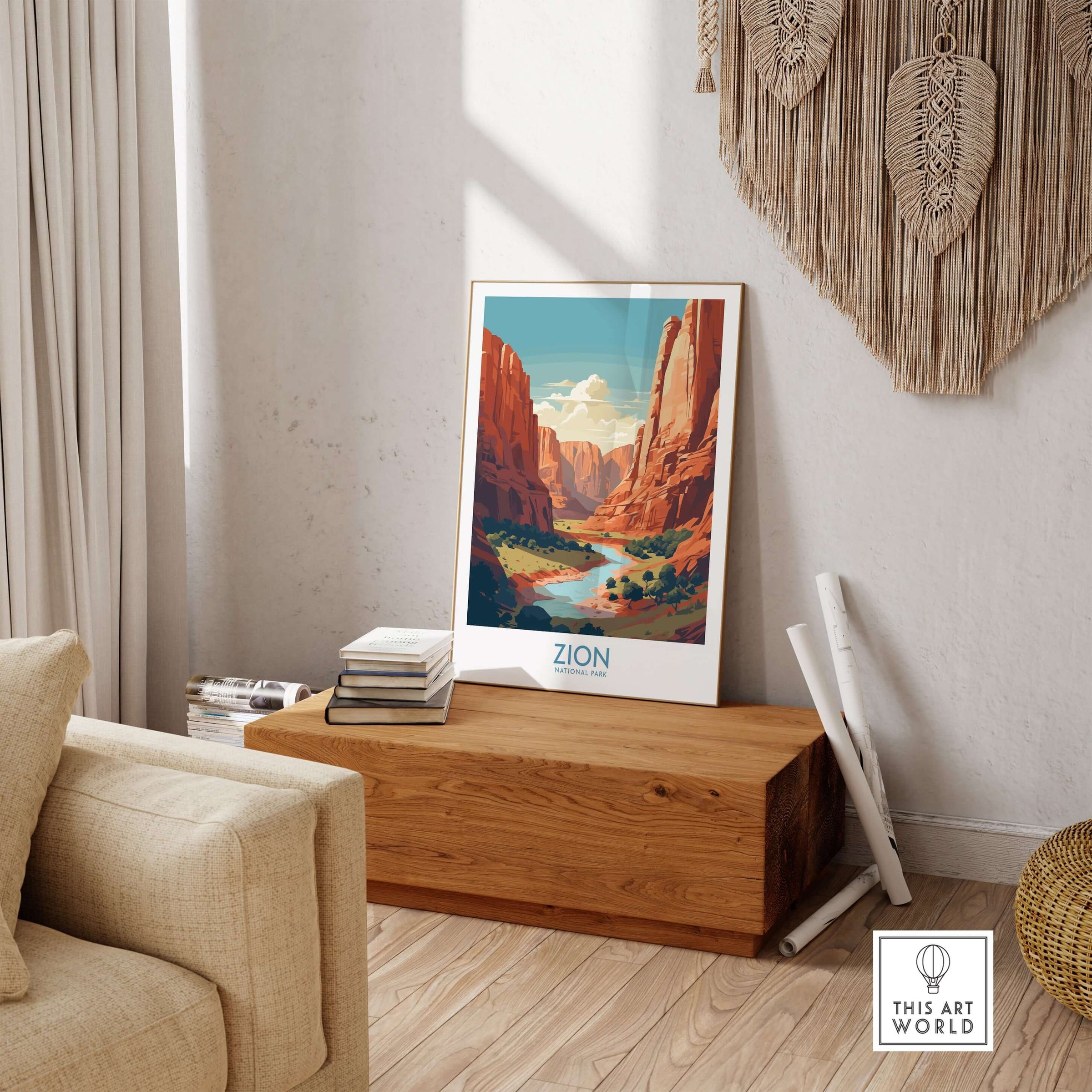 Zion National Park Canyon River Art Print | Utah Travel Poster displayed in a modern living room setting.