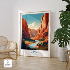 Zion National Park Canyon River Art Print | Utah Travel Poster displayed in a stylish interior with vibrant scenery.