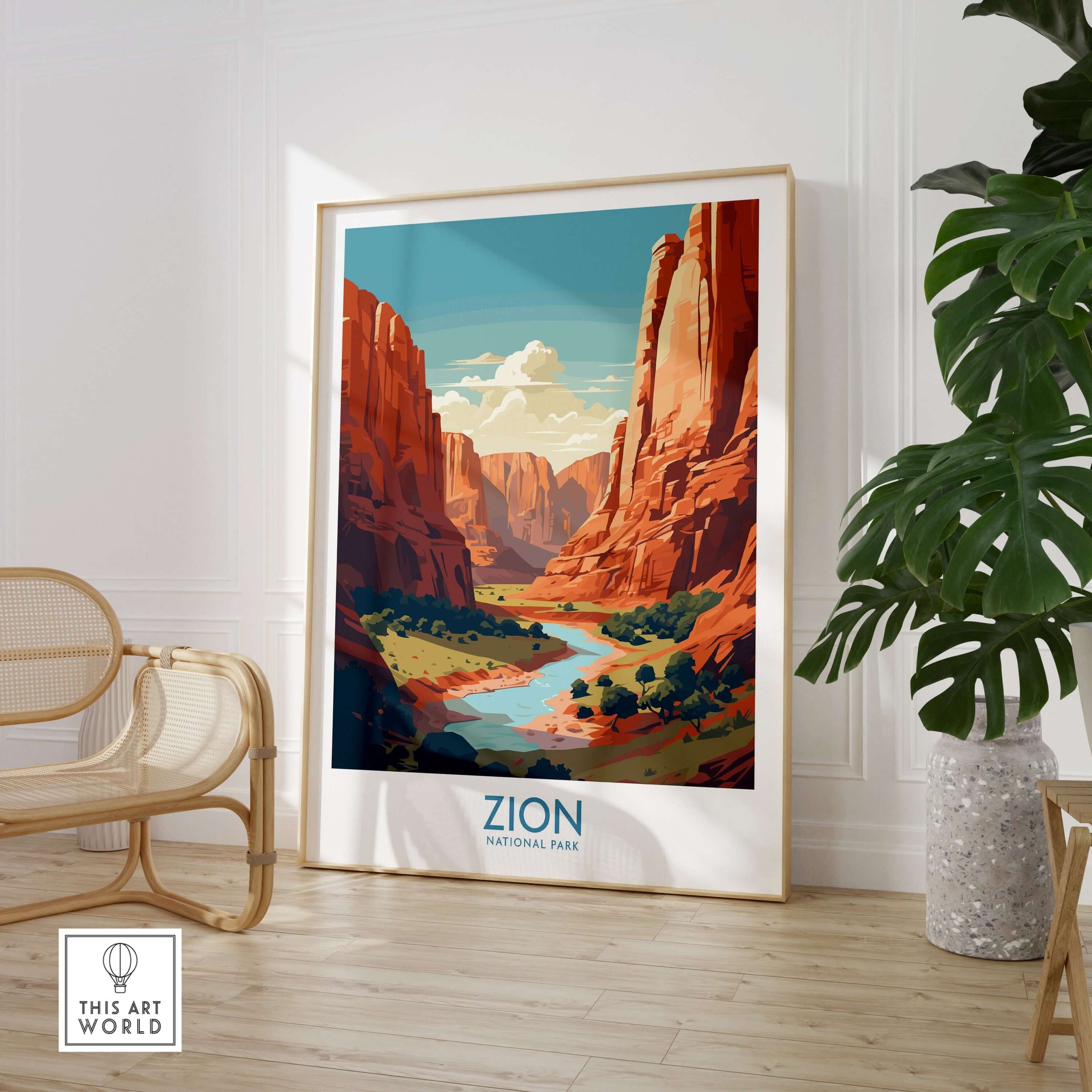 Zion National Park Canyon River Art Print | Utah Travel Poster displayed in a stylish interior with vibrant scenery.