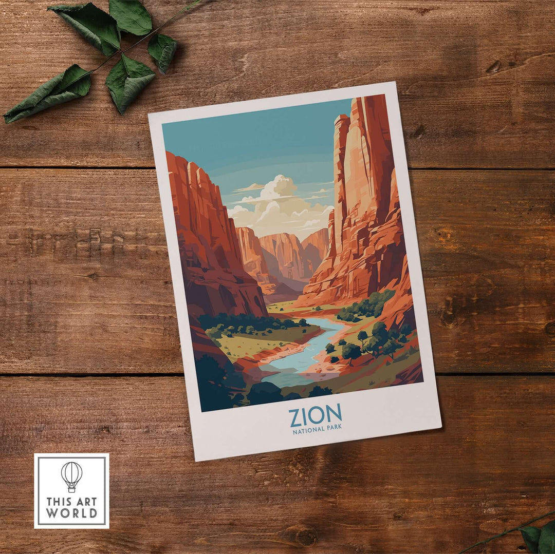 Zion National Park Canyon River Art Print | Utah Travel Poster showcasing vibrant canyon scenery and river.