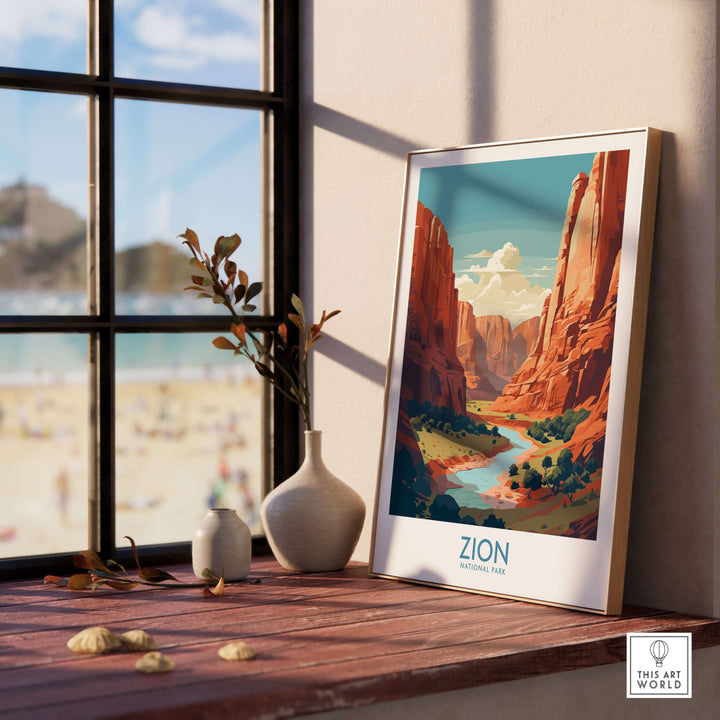 Zion National Park Canyon River Art Print | Utah Travel Poster displayed in a bright room with a scenic view.