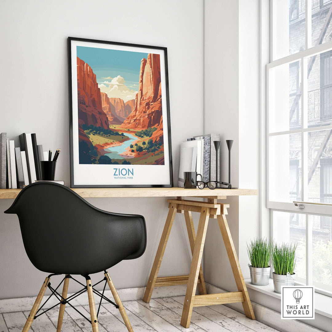 Zion National Park Canyon River Art Print | Utah Travel Poster displayed in a stylish home office setting.