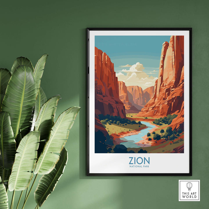 Zion National Park Canyon River Art Print | Utah Travel Poster showcasing a vivid canyon landscape with a river.