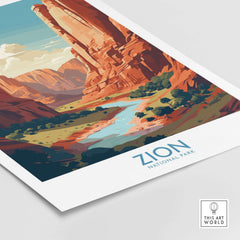 Zion National Park Canyon River Art Print | Utah Travel Poster showcasing the stunning canyon and river landscape.