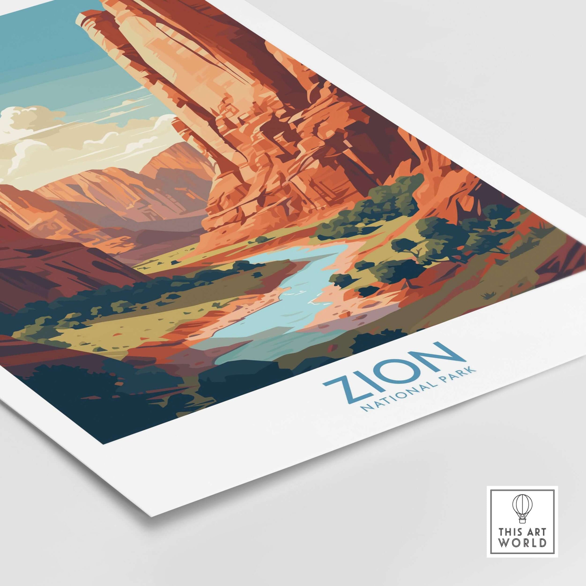 Zion National Park Canyon River Art Print | Utah Travel Poster showcasing the stunning canyon and river landscape.