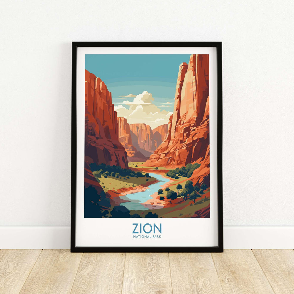 Zion National Park Canyon River Art Print | Utah Travel Poster showcasing vibrant scenery and dramatic landscapes.