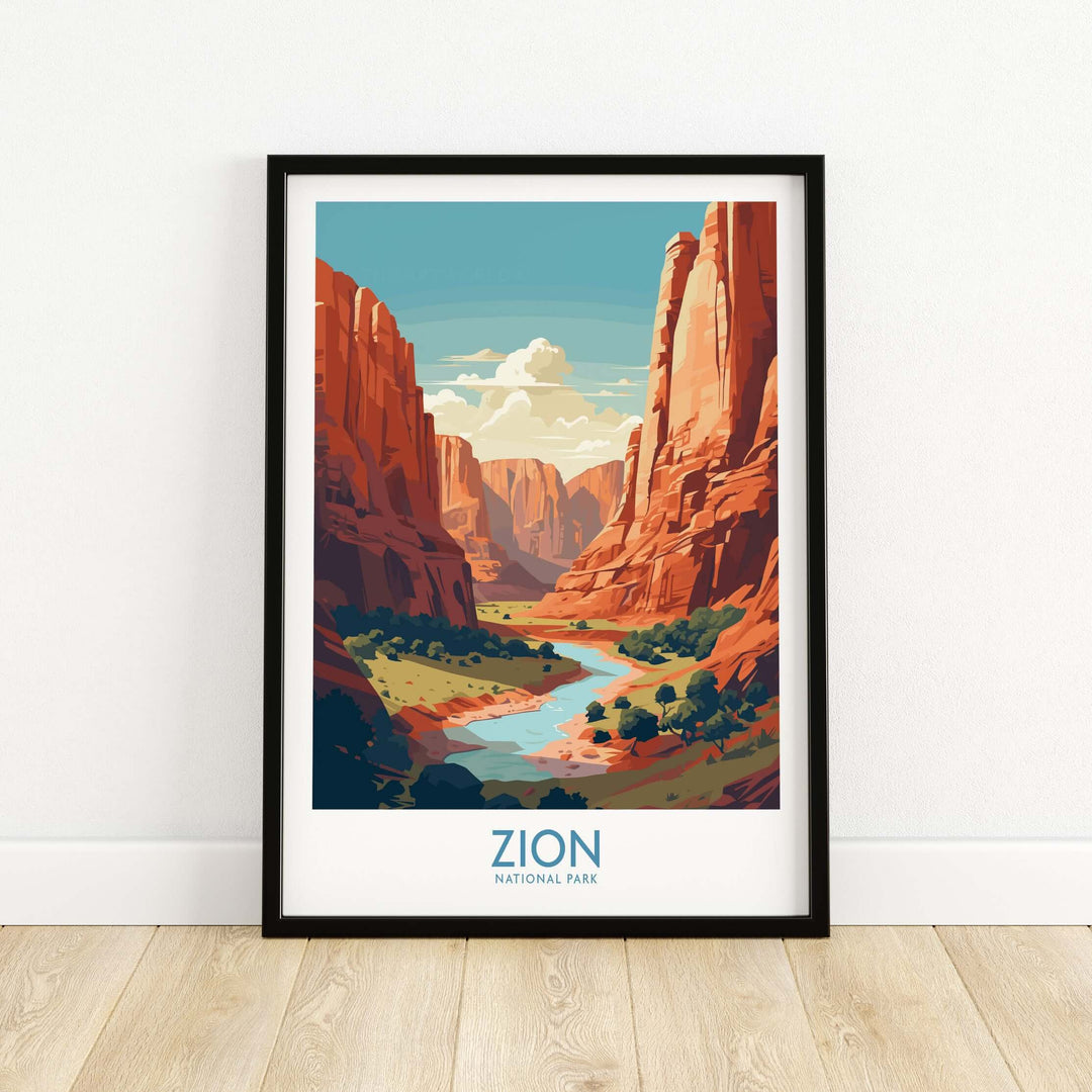 Zion National Park Canyon River Art Print | Utah Travel Poster showcasing vibrant scenery and dramatic landscapes.
