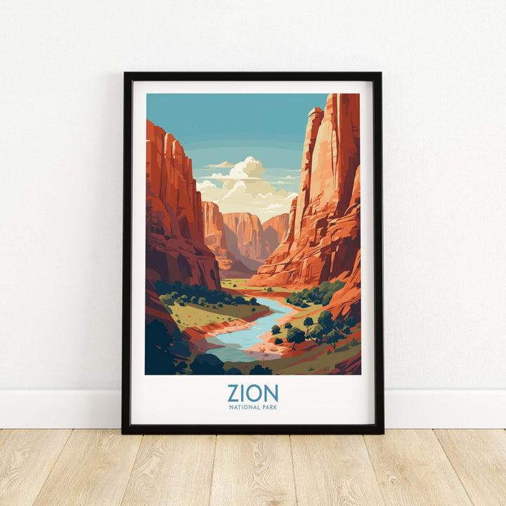 Zion National Park Canyon River Art Print | Utah Travel Poster showcasing vibrant scenery and dramatic landscapes.