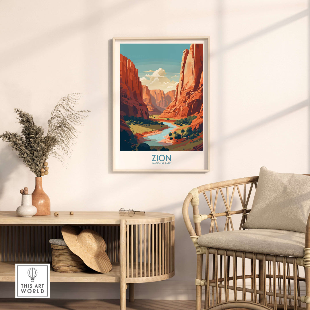Zion National Park Canyon River Art Print | Utah Travel Poster displayed in a stylish living room setting.