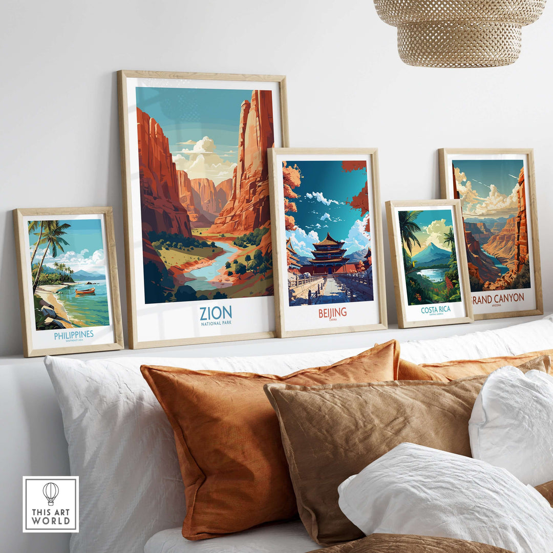 Zion National Park Canyon River Art Print | Utah Travel Poster displayed among other framed travel posters