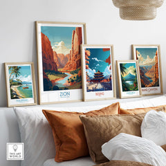 Zion National Park Canyon River Art Print | Utah Travel Poster displayed among various travel art prints.