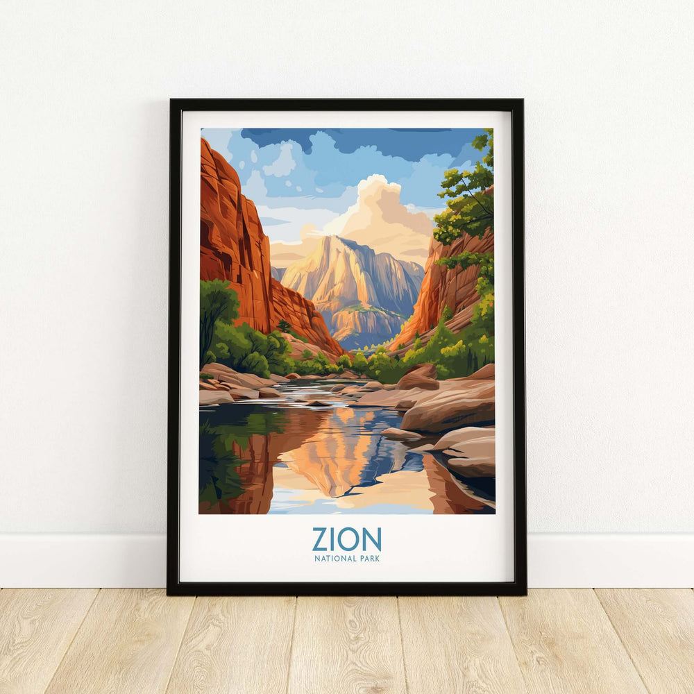Zion National Park Poster | Canyon Walls Print featuring vibrant canyon walls and serene water reflection.