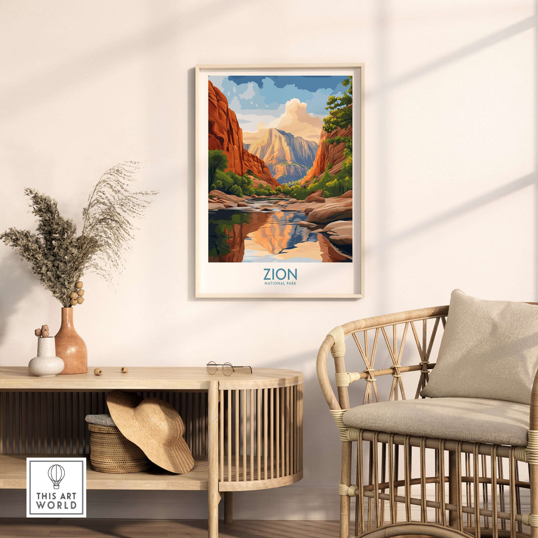 Zion National Park Poster | Canyon Walls Print framed in a bright room with a light-colored chair and decorative elements.
