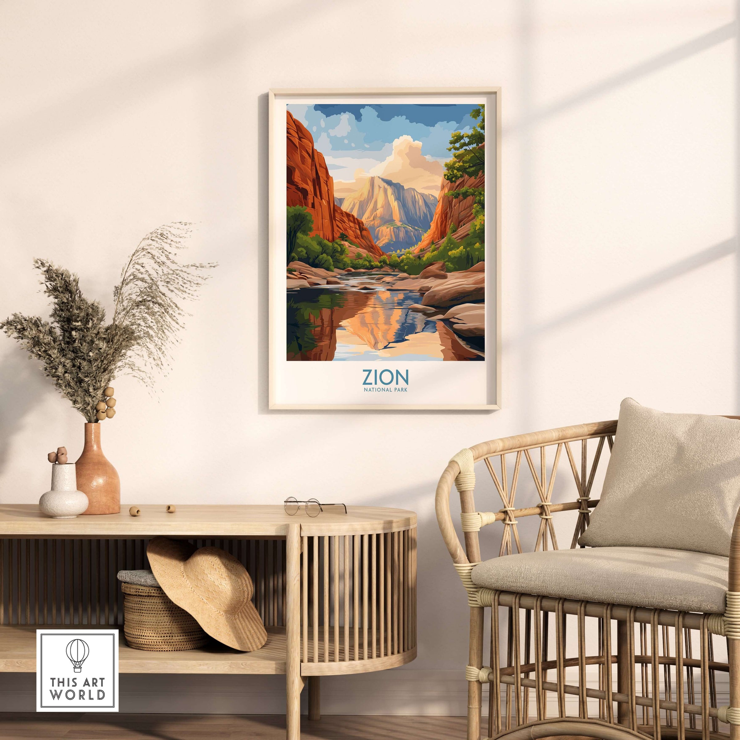 Zion National Park Poster | Canyon Walls Print featuring vibrant canyon landscape and reflections.