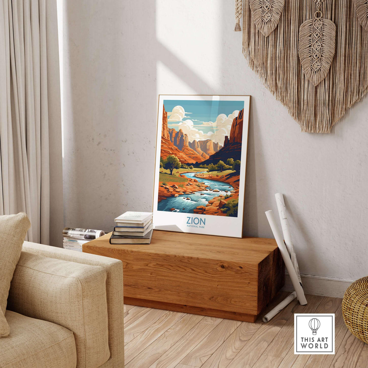 Zion National Park Art Print | Desert Landscape Poster displayed in a stylish home setting with a wooden table.
