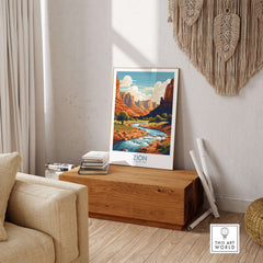Zion National Park Art Print | Desert Landscape Poster displayed in a stylish home setting with a wooden table.