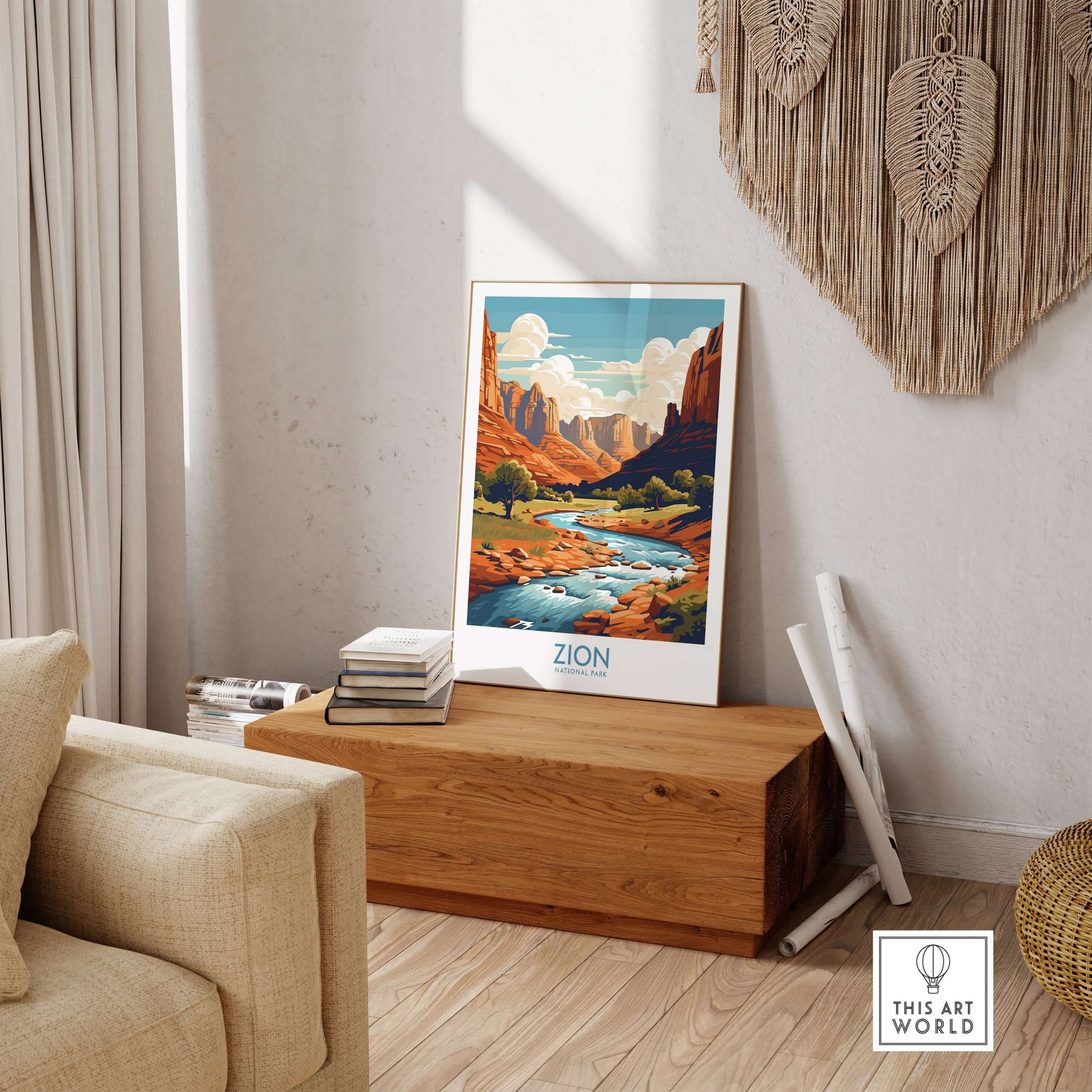 Zion National Park Art Print | Desert Landscape Poster displayed in a stylish home setting with a wooden table.