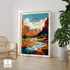 Zion NP Majestic Red Rock Cliffs Print | Utah National Park Wall Art displayed in a cozy living room setting.