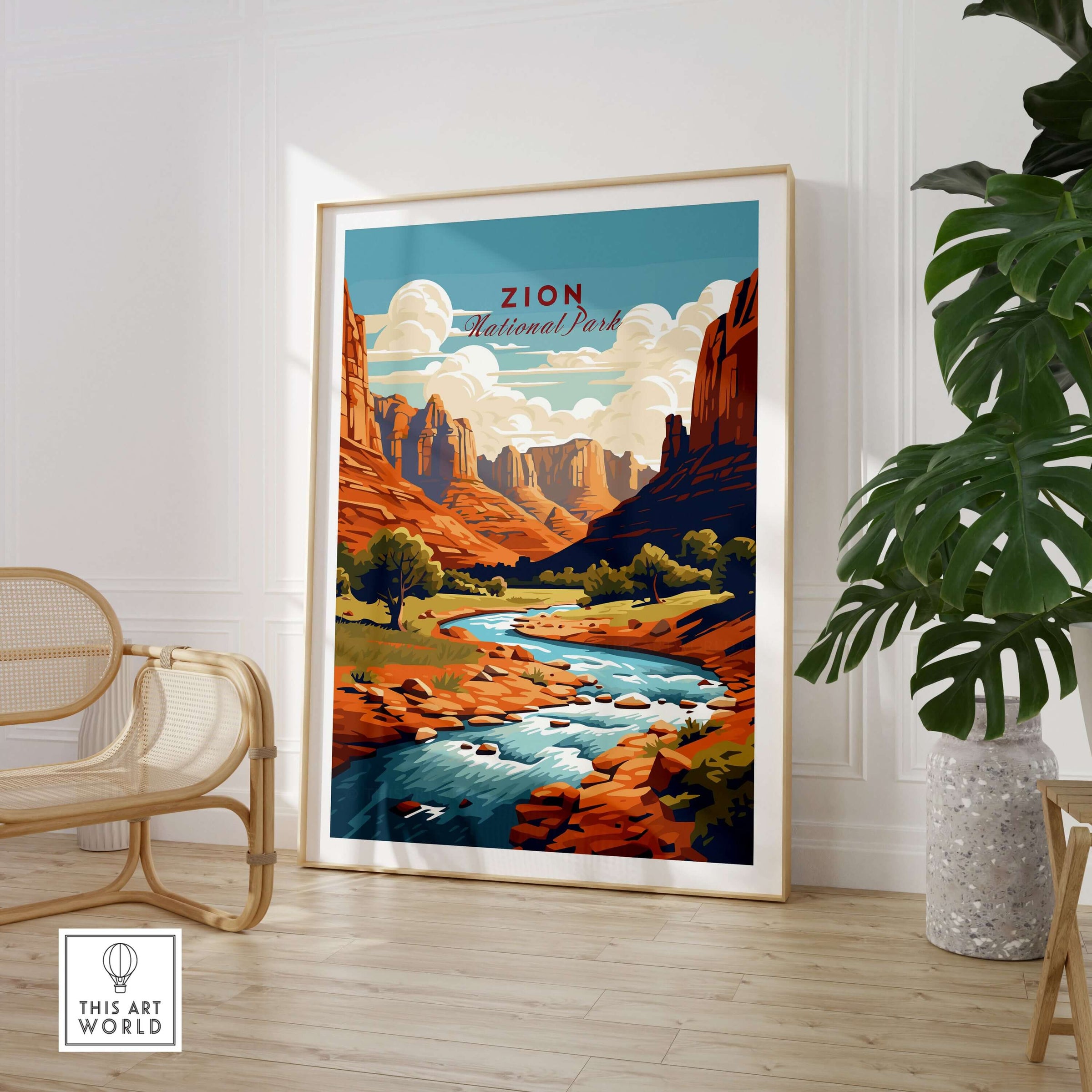 Zion NP Majestic Red Rock Cliffs Print | Utah National Park Wall Art displayed in a cozy living room setting.