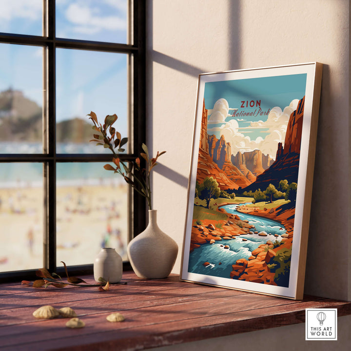 Zion NP Majestic Red Rock Cliffs Print | Utah National Park Wall Art displayed in a bright room with a river and cliffs view.