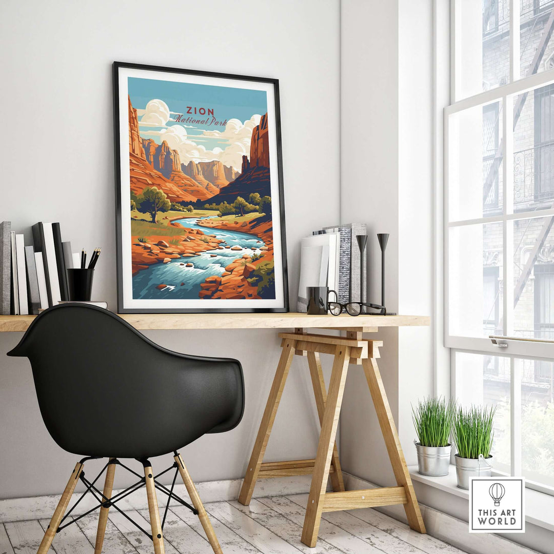 Zion NP Majestic Red Rock Cliffs Print | Utah National Park Wall Art displayed in a modern workspace.