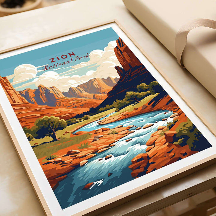 Zion NP Majestic Red Rock Cliffs Print | Utah National Park Wall Art showcasing vibrant red cliffs and river scene.