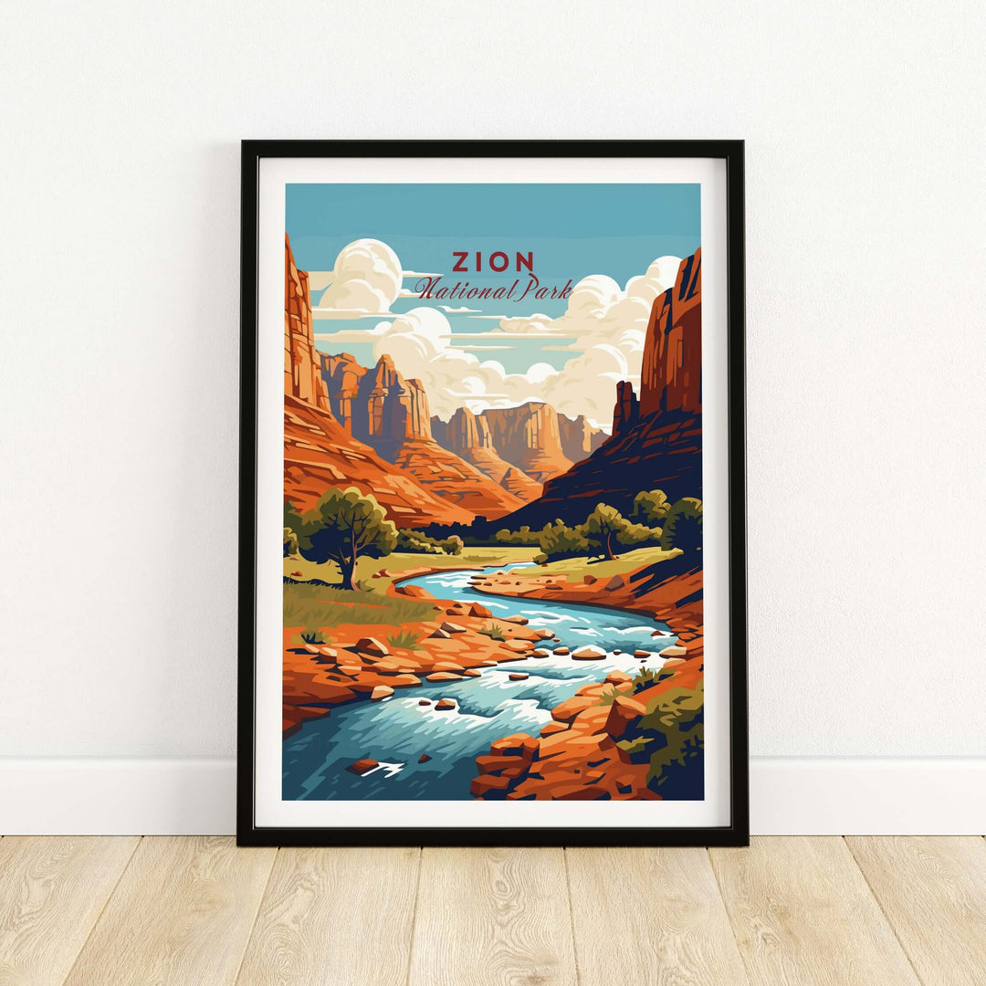 Zion NP Majestic Red Rock Cliffs Print | Utah National Park Wall Art framed artwork featuring vibrant landscape colors.