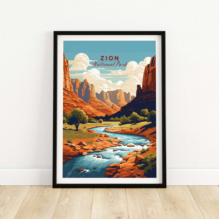Zion NP Majestic Red Rock Cliffs Print | Utah National Park Wall Art framed artwork featuring vibrant landscape colors.