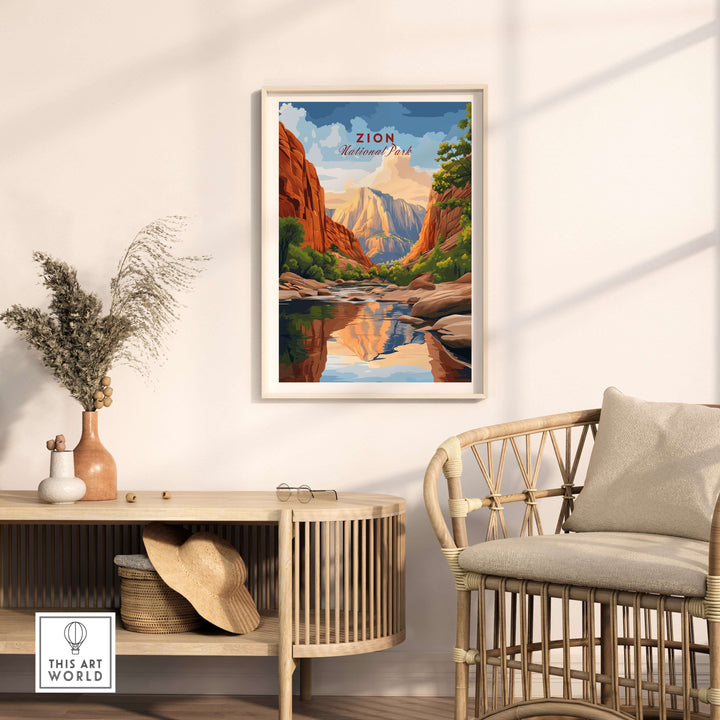 Zion NP The Narrows View Print | Utah Hiking Wall Decor showcasing scenic canyon landscape and river reflection.