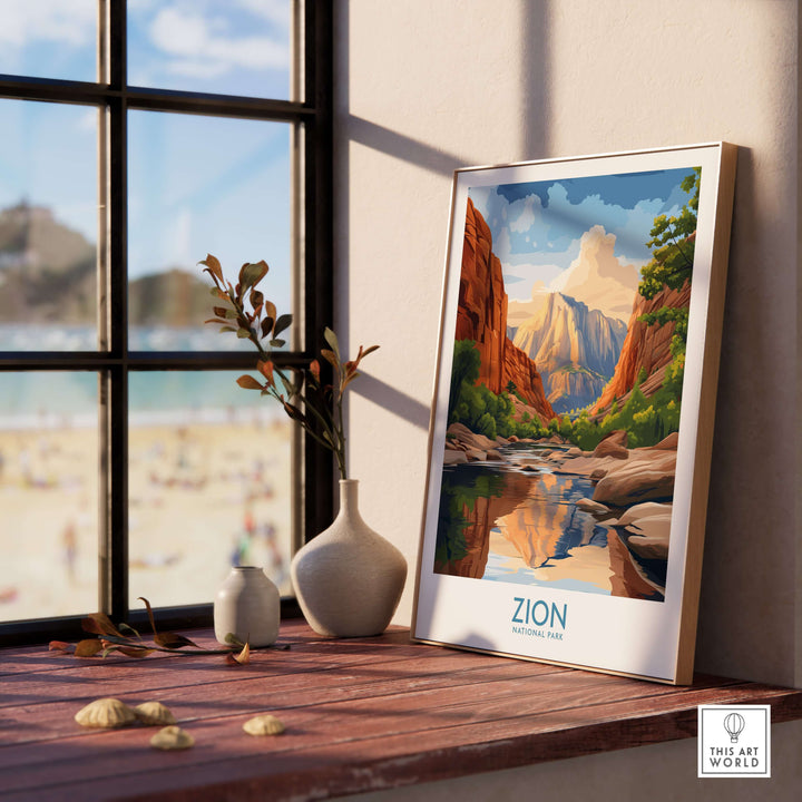 Zion National Park Poster | Canyon Walls Print showcasing breathtaking canyon scenery in a cozy interior setting.
