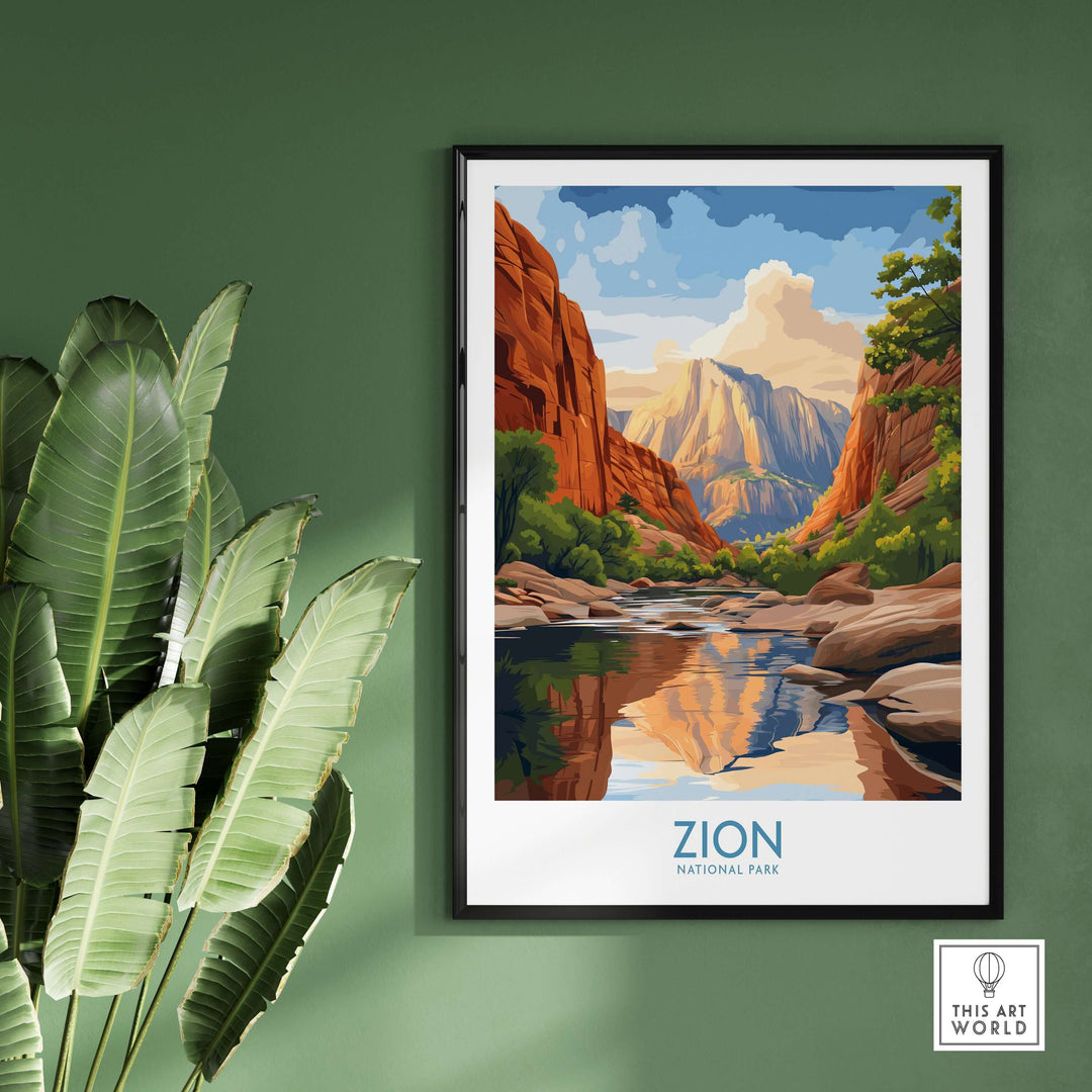 Zion National Park Poster | Canyon Walls Print showcasing vibrant canyon walls and serene water reflection.