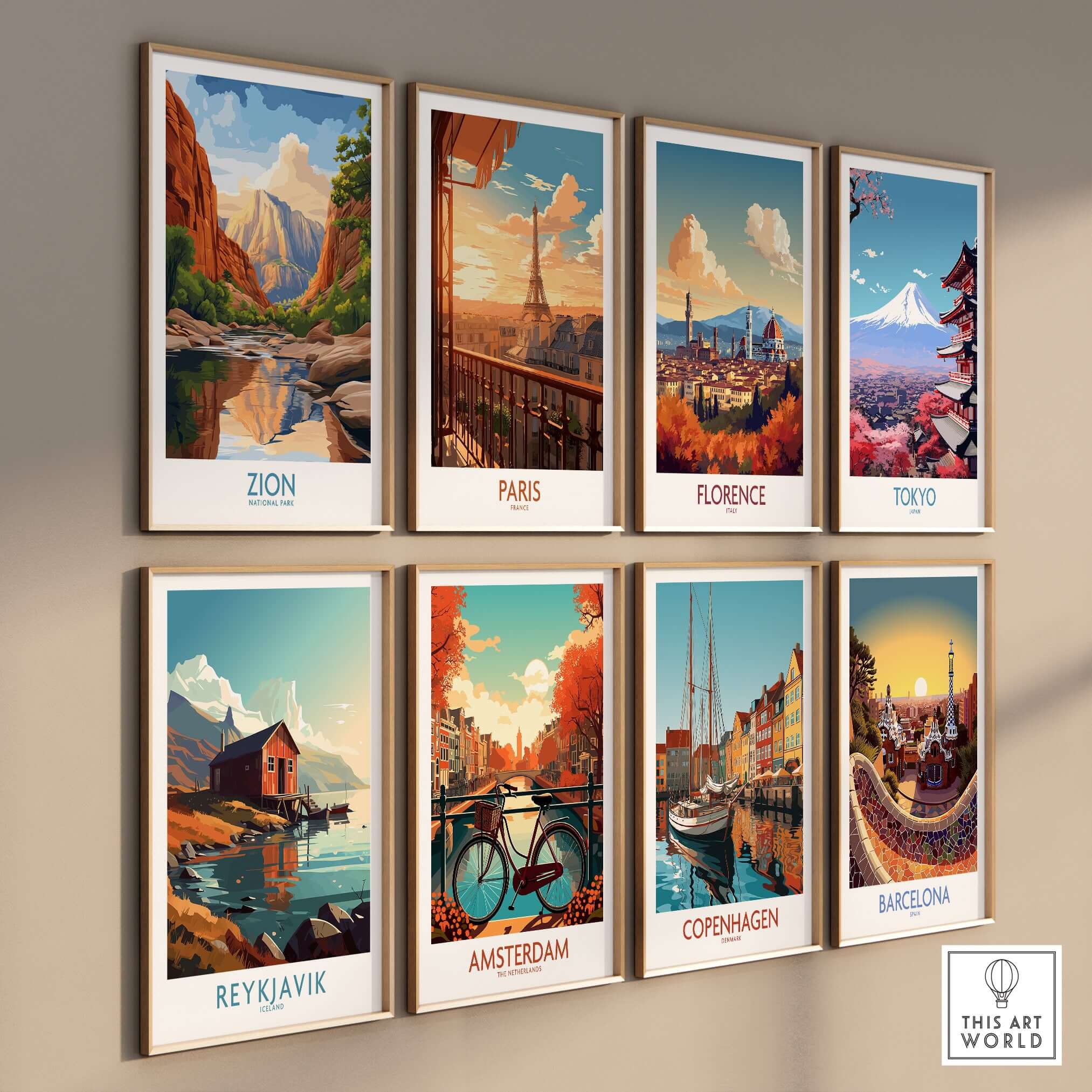 Zion National Park Poster | Canyon Walls Print displayed among iconic city posters in a stylish gallery wall arrangement.