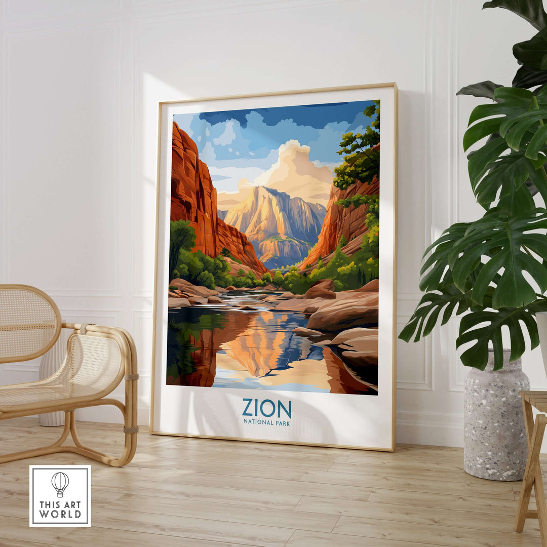 Zion National Park Poster | Canyon Walls Print showcasing vibrant canyon walls and reflection in living room setting.