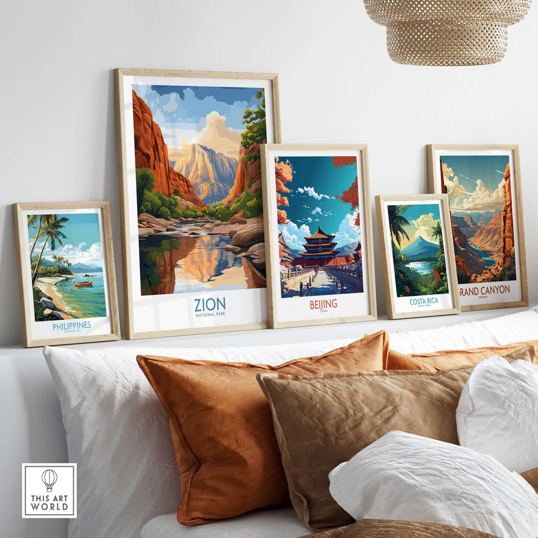 Zion National Park Poster | Canyon Walls Print displayed among travel art posters on a comfortable sofa.