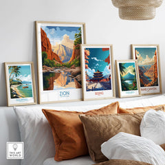 Zion National Park Poster | Canyon Walls Print showcased among other travel art prints in a stylish home setting.