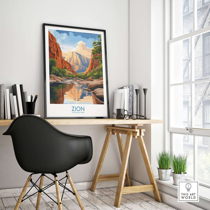 Zion National Park Poster | Canyon Walls Print displayed in a modern office interior showcasing natural beauty.