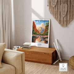Zion National Park Poster | Canyon Walls Print displayed in a stylish living room interior.