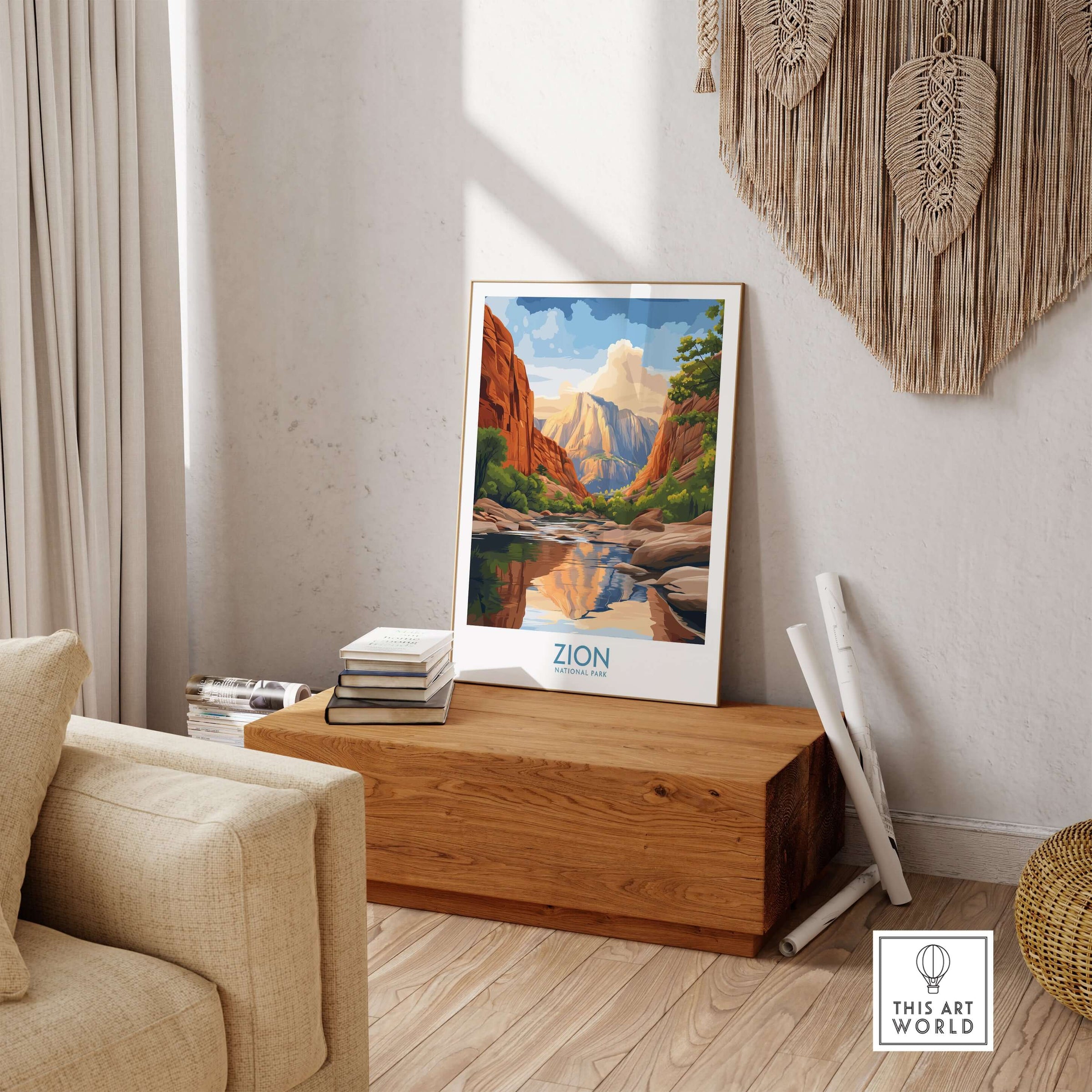 Zion National Park Poster | Canyon Walls Print displayed in a stylish living room interior.